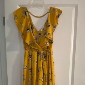 Mustard yellow v neck high low dress